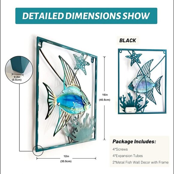 NEW Metal Fish Wall Decor with Frame-Outdoor Wall Art, Wall Decor with LED - Picture 7 of 8